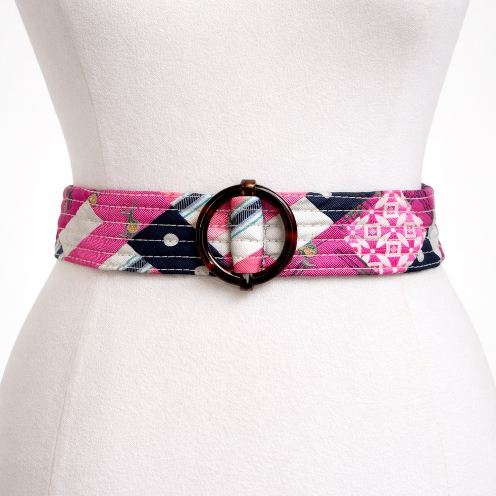J. Crew Silk Patchwork Belt Pink/Black/Ivory Size S/M Tortoise Buckle Preppy